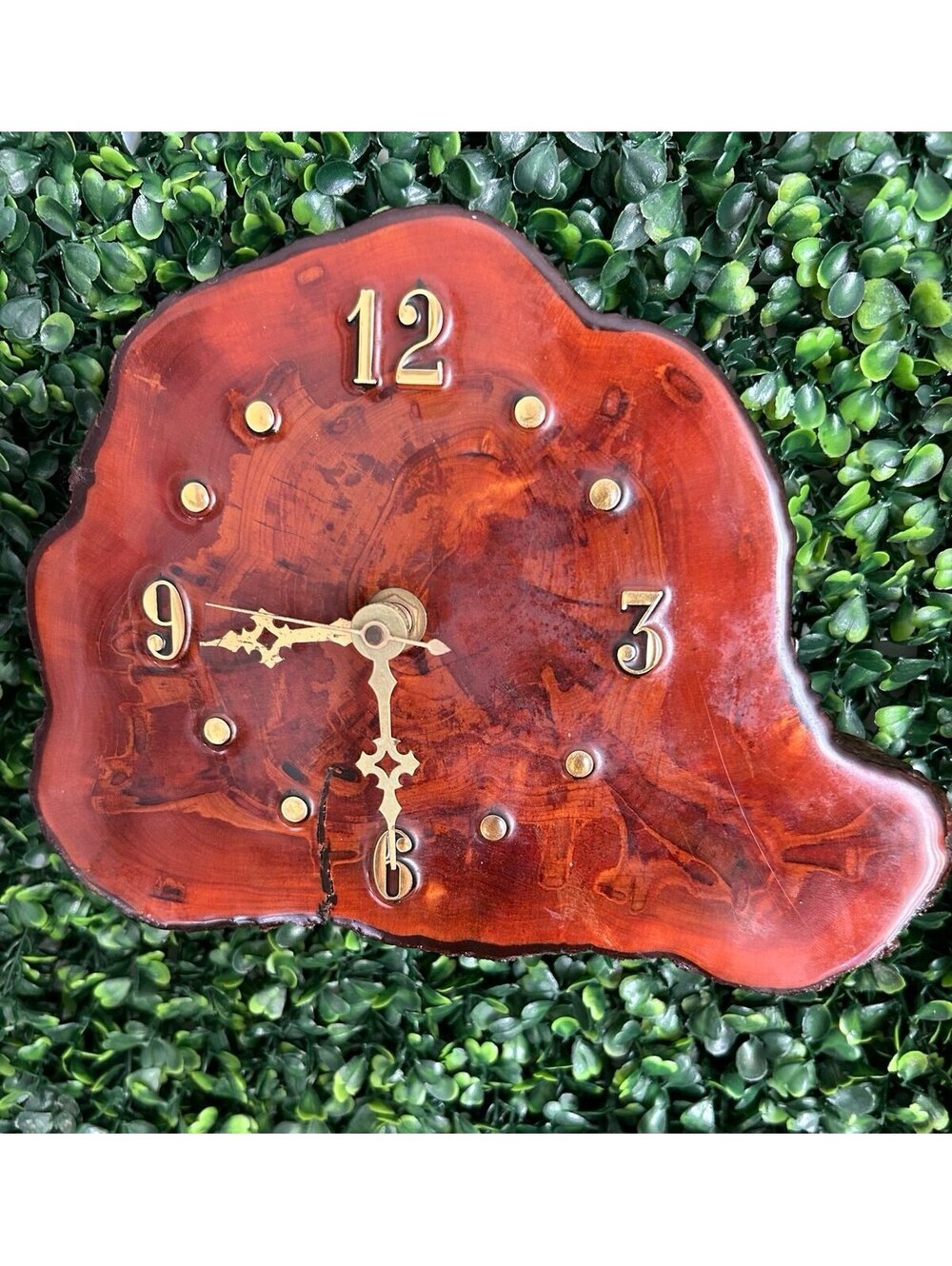 Vintage Live Edge Wood Slab Wall Clock Rustic MCM Bark Brass Tone